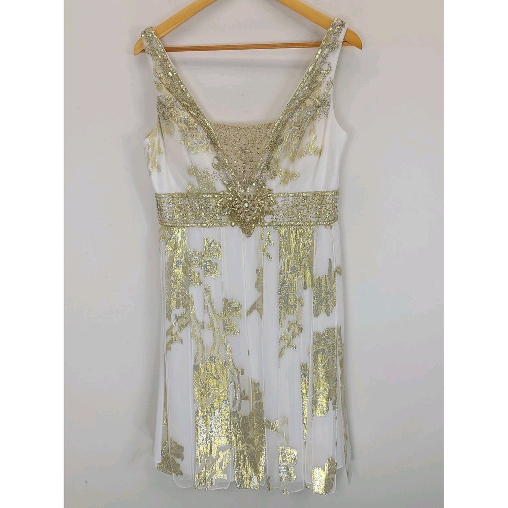 Sue Wong Nocturne Silk Gold Foil Embellished Cocktail Dress Sz 12 Beaded Prom - Picture 2 of 11